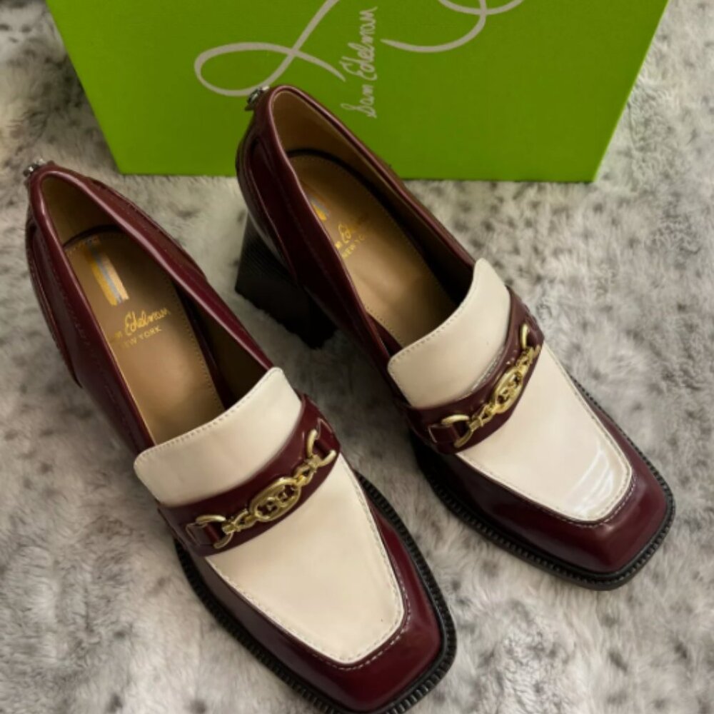 Sam Edelman Quincy Block Heel Loafer MSRP$190 CHIC & COMFORTABLE in Syrah/Ivory - Picture 6 of 13
